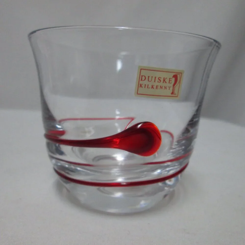 Duiske Kilkenny Irish hand cut glass red swirl votive candle holders Set 2 NEW